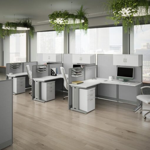 Bush Business Furniture Office in an Hour 3 Person L Shaped Cubicle Desks with Storage, Drawers, and Organizers in Pure White | Triple Workstation Set with Privacy Panels for Commercial Workspace