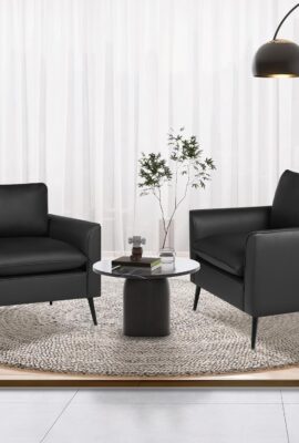 TYBOATLE Accent Chairs Set of 2, Black Leather Accent Chair, Comfy Living Room Chair, Cozy Reading Sitting Chair, Mid Century Modern Accent Chairs, Arm Reception Chairs, Office Furniture