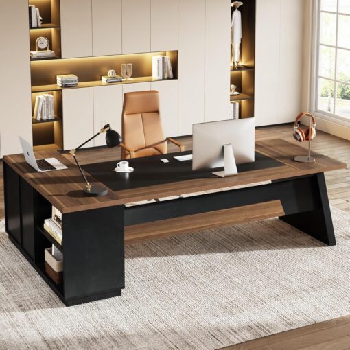 Tribesigns 78″ L-Shaped Executive Desk, Extra Large Modern Office Desk with Drawers and File Cabinet, Business Furniture with Storage Shelves, Big Computer Desk for Home Office (Light Walnut + Black)