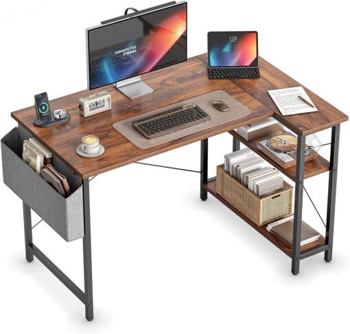 CubiCubi L Shaped Desk, 40″ Computer Desk with Reversible Storage Shelves Home Office Corner Desk Study Writing Gaming Table, Brown