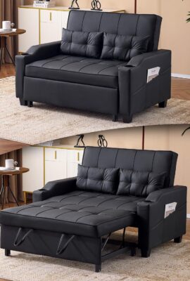 VINGLI Convertible Loveseat Sleeper, Black Faux Leather Futon Sofa...