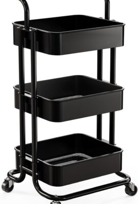 Pipishell 3 Tier Mesh Utility Cart, Rolling Metal Organization Cart with Handle and Lockable Wheels, Multifunctional Storage Shelves for Kitchen Living Room Office Black