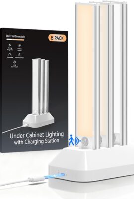2000mAh Rechargeable Motion Sensor Light Indoor, Under Cabinet Lighting with Charging Station, 3 Color Tempers Dimmable Closet Lights Wireless, Magnetic Under Cabinet Lights for Kitchen, 6-Pack