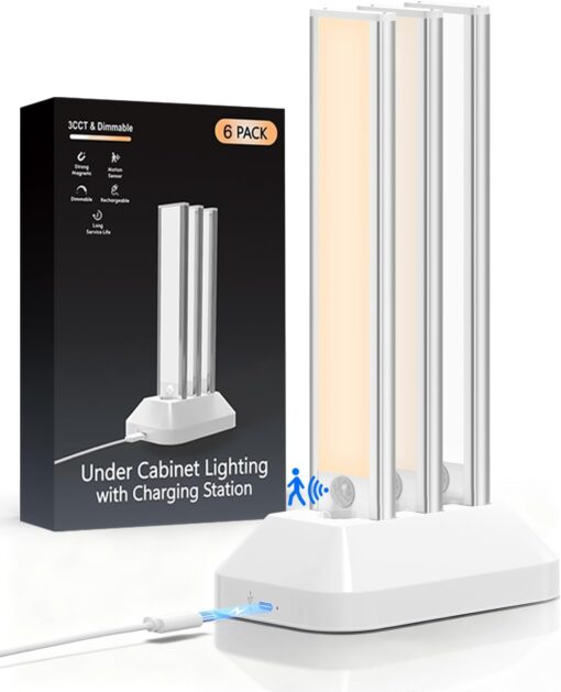 2000mAh Rechargeable Motion Sensor Light Indoor, Under Cabinet Lighting with Charging Station, 3 Color Tempers Dimmable Closet Lights Wireless, Magnetic Under Cabinet Lights for Kitchen, 6-Pack
