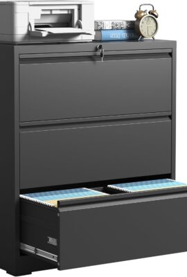 IKIMI 3 Drawer Lateral File Cabinets with Lock,Black Metal Lateral Filing Cabinet for Home Office,Wide Steel Storage Cabinet Commercial Drawer Cabinets for Legal/Letter/A4 Size Files Assembly Required