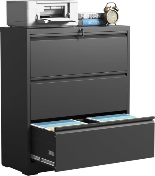 IKIMI 3 Drawer Lateral File Cabinets with Lock,Black Metal Lateral Filing Cabinet for Home Office,Wide Steel Storage Cabinet Commercial Drawer Cabinets for Legal/Letter/A4 Size Files Assembly Required