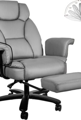 Reclining Office Chair with Footrest, Big and Tall Home Office Desk Chairs 400lbs with High Back, Criss Cross Wide Seat, Heavy Duty Base, Pu Leather, Grey