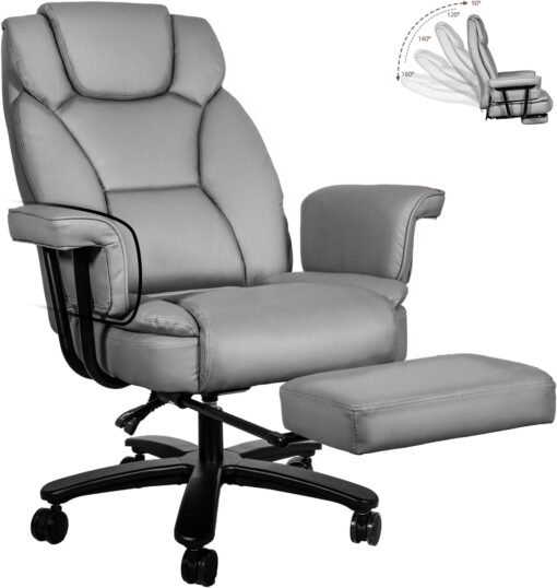Reclining Office Chair with Footrest, Big and Tall Home Office Desk Chairs 400lbs with High Back, Criss Cross Wide Seat, Heavy Duty Base, Pu Leather, Grey