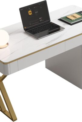 Wooden Computer Office Desk with Drawers for Home Office – White Gaming Desk with Tempered Glass Top – Thickened Lacquered PC Desk and Writing Desk – Escritorios para Computadoras (Z-105)