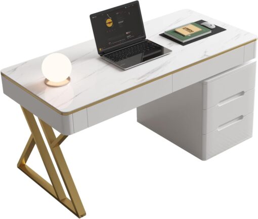 Wooden Computer Office Desk with Drawers for Home Office – White Gaming Desk with Tempered Glass Top – Thickened Lacquered PC Desk and Writing Desk – Escritorios para Computadoras (Z-105)