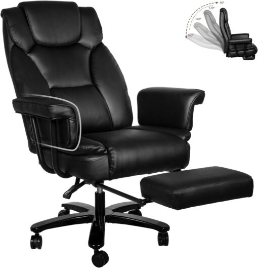 Reclining Office Chair with Footrest, Big and Tall Home Office Desk Chairs 400lbs with High Back, Criss Cross Wide Seat, Heavy Duty Base, Pu Leather, Black