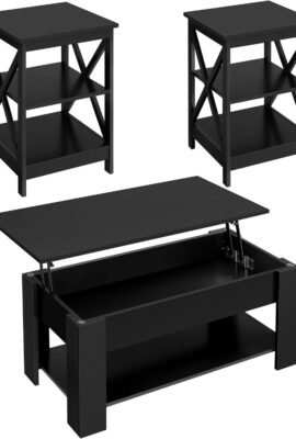 Yaheetech Modern Living Room 3 Pieces Table Sets, Lift Top Coffee Table and End Table Sets for Home and Office, Easy Assembly Accent Furniture with Hidden Compartment and Open Storage Shelf, Black