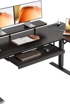 OffiGo 55 Inch L Shaped Electric Standing Desk with Keyboard Tray, Reversible Height Adjustable Corner Computer Desk with Monitor Stand, Sit Stand Up Lift Table for Home, Office, Carbon Fiber Black