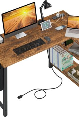 Lufeiya Small L Shaped Desk with Power Outlet Shelves, 40 Inch Reversible Corner Desk for Small Space Home Office, L-Shaped Computer Desk PC Desks with Charging Station, Rustic Brown