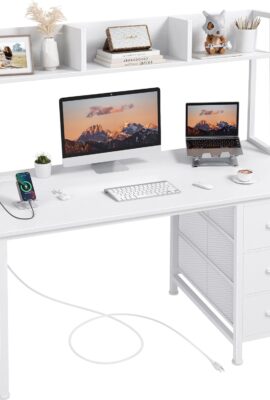 DLisiting White Computer Desk with Hutch & Drawers – Office Desk with 3 Storage Drawers and Power Outlets, 47 Inch Modern Study Writing Desk for Bedroom Home Office