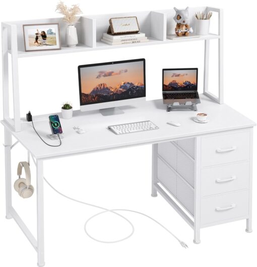 DLisiting White Computer Desk with Hutch & Drawers – Office Desk with 3 Storage Drawers and Power Outlets, 47 Inch Modern Study Writing Desk for Bedroom Home Office