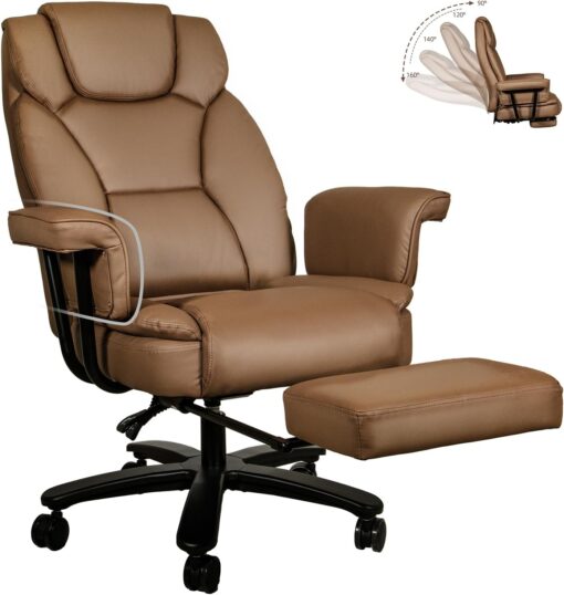 Reclining Office Chair with Footrest, Big and Tall High Back Home Office Desk Chairs 400lbs with Criss Cross Wide Seat, Heavy Duty Base, Pu Leather, Brown