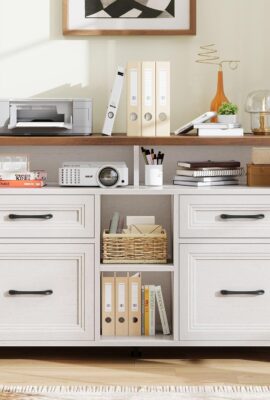 Filing Organization Storage Cabinets 4 Drawer with Wheels, Lateral Filing Cabinet with Open Storage Shelf for Home Office, Farmhouse File Cabinets for Hanging Files A4/Letter, Off White