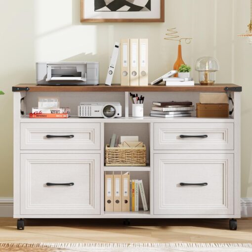 Filing Organization Storage Cabinets 4 Drawer with Wheels, Lateral Filing Cabinet with Open Storage Shelf for Home Office, Farmhouse File Cabinets for Hanging Files A4/Letter, Off White
