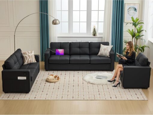 TYBOATLE Black Faux Leather Sofa Sectional Couches for Living Room, 3 Piece Living Room Set Furniture, Comfy Modular Convertible Sofas, Home Office Sofa Set