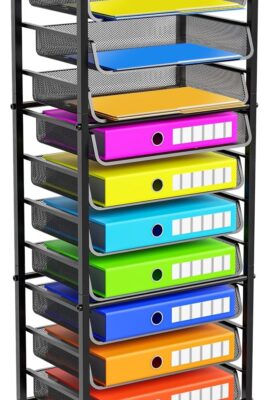 Simple Trending 12 Tier Rolling File Cart,Wood Desk File Organizer with Sliding Trays and Wetal Mesh Paper Letter Storage Multi-Functional Rolling Clutter Cart for Office, Home, School, Black