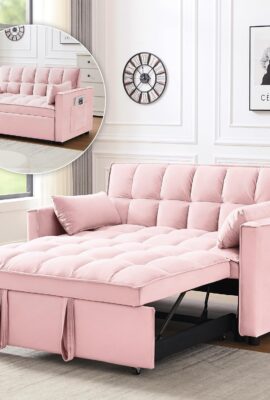 Wakefit 3 in 1 Convertible Sleeper Sofa Bed, Futon Couches for Living Room with Side Pocket | Adjustable Backrest| Velvet Fabric | Pull Out Couch | Recliner Loveseat | Sectional Sofa, Pink