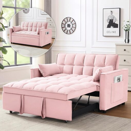 Wakefit 3 in 1 Convertible Sleeper Sofa Bed, Futon Couches for Living Room with Side Pocket | Adjustable Backrest| Velvet Fabric | Pull Out Couch | Recliner Loveseat | Sectional Sofa, Pink