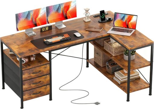 Alpen L Shaped Computer Desk, 47 Inch Corner Desk with Drawers and Power Outlets, Home Office Desk for Gaming, Study Writing PC Table with Storage and Reversible Shelf, Rustic Brown