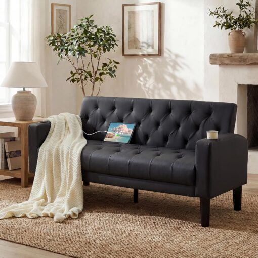 TYBOATLE 62″ W Loveseat Sofa w/ 2 USB Charger Ports and 2 Cupholders, Mid-Century Modern Tufted Black Leather Small Love Seat Couches for Compact Living Room, Office, Bedroom, Apartment, Dorm