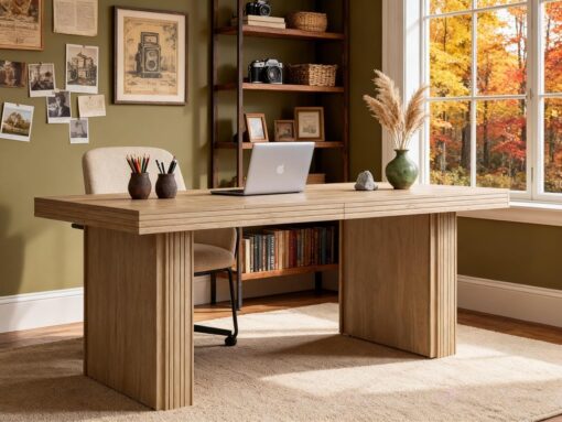 Tribesigns 63″ Modern Executive Desk, Home Office Table with Wide Fluted Legs, Modern Rustic Desk for Home Office, Natural