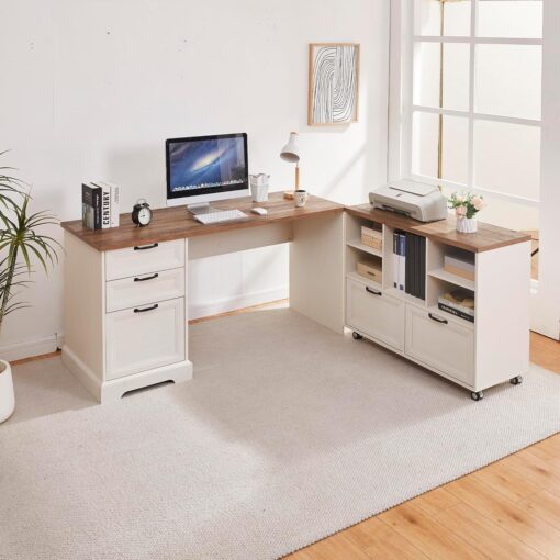 60″ L-Shaped Executive Desk with 40″ File Cabinet,Farmhouse Home Office Desk with Charging Station,Wood Computer Desk Set for Office Work,Home Study