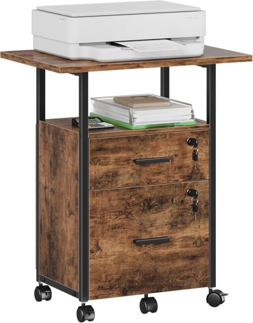GYIIYUO 2 Wood Drawer Lockable File Cabinet with 22” Extended Desktop, Mobile Filing Cabinet with Side Bag, Rolling Printer Stand, Fits A4&Letter Size, Home Office, Rustic Brown