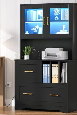 HOOBRO 2 Drawer File Cabinet with Charging Station, LED...