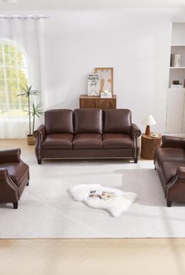 LEVNARY Compact PU Leather Sofa Set 3 Piece, Small Space Couch Set with 3-Seater, Loveseat & Armchair, Comfortable Nailhead Trim Living Room Furniture for Apartment, Office, Guest Room (Brown)