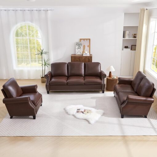 LEVNARY Compact PU Leather Sofa Set 3 Piece, Small Space Couch Set with 3-Seater, Loveseat & Armchair, Comfortable Nailhead Trim Living Room Furniture for Apartment, Office, Guest Room (Brown)