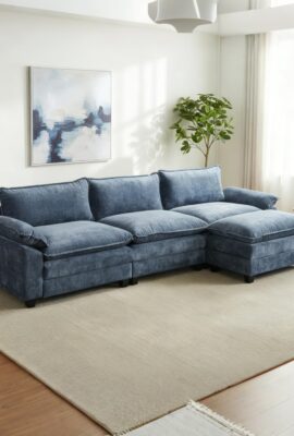 Karl Home Modular Deep Seat Sofa Couch with Ottoman, Chenille Sofa Sleeper Comfy Upholstered Furniture for Living Room, Apartment, Studio, Office, (3-Seat & 1-Ottoman, Dusty-Blue)