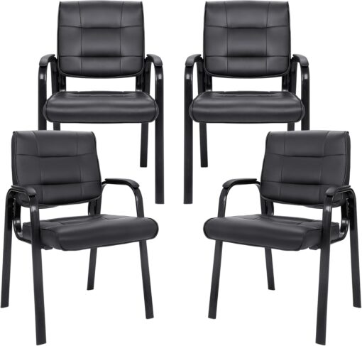 SUPER DEAL Office Guest Chair Bonded Leather Executive Side Chair Reception Chair with Solid Metal Frame Home Office Furniture, Set of 4, Black