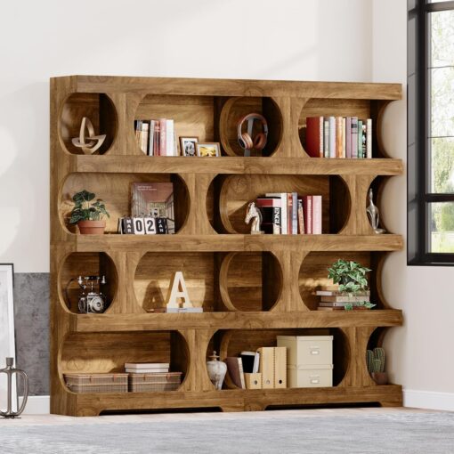 Tribesigns 71″ Tall Bookcase Set of 2, 4-Tier S-Shaped Bookshelf, Wood Decorative Storage Shelving, Modern Freestanding Display Shelves, Large Library Bookshelf Unit for Home Office Living Room, Brown