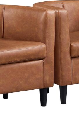 Yaheetech Accent Chair, PU Leather, Modern and Comfortable Armchairs, Upholstered Barrel Sofa Chair for Living Room Bedroom Waiting Room, 2PCS, Brown