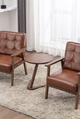 Okeysen Accent Chairs Set of 2 with Side Table, Mid Century Modern Accent Chair, Retro Wood and Leather Armchairs Side Chair, Lounge Reading Comfy Armchair for Living Room, Bedroom, Office（Brown