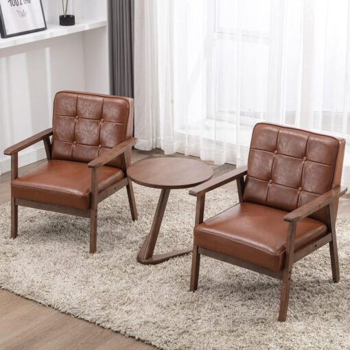 Okeysen Accent Chairs Set of 2 with Side Table, Mid Century Modern Accent Chair, Retro Wood and Leather Armchairs Side Chair, Lounge Reading Comfy Armchair for Living Room, Bedroom, Office（Brown