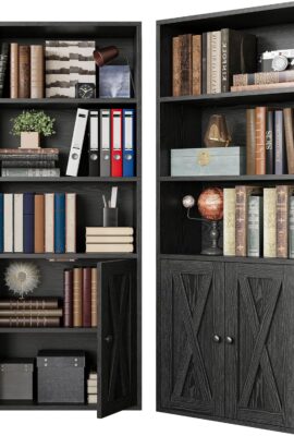 IRONCK Industrial Bookshelves and Bookcases with Doors 11.8 in Depth Set of 2 Floor Standing 5 Shelf Display Storage Shelves Bookcase Home Decor Furniture for Home, Office, Living Room, Bedroom