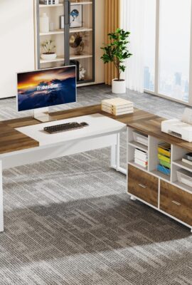 Tribesigns L-Shaped Executive Desk with Reversible File Cabinet, 63″ Office Desk with Storage Drawers, Computer Desk Set (Oak Karo & White)