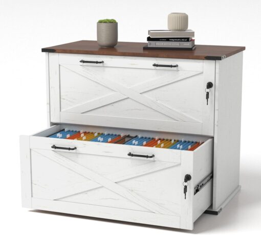 VINGLI 2 Drawer File Cabinet with Lock, Home Office Filing Organizer, for Letter Legal A4 Size File Folder Storage, Modern Farmhouse, Wood Lateral Filing Cabinet, Archivador (Rustic White & Brown)