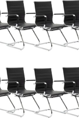 Conference Room Chairs Set of 8, Faux Leather Office Guest Chairs with Arms, Reception & Waiting Room Seating, No Wheels Meeting Chairs with Mid Back Support and Chrome Sled Base, Black