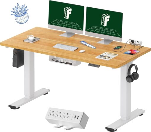 FLEXISPOT EN2 Whole-Piece Standing Desk with Clamp Power Strip, 55 x 28 Electric Stand Up Height Adjustable Desk with Cable Management (White Frame + 55″ Maple Top, 2 Packages)
