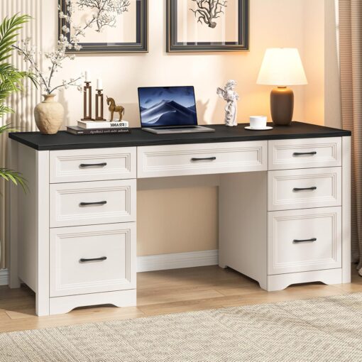 Halitaa Farmhouse Executive Desk, Wood Home Office Desk with 2 Large File Drawers and 5 Storage Cabinets, Rustic Writing Desk for Work and Study, Black