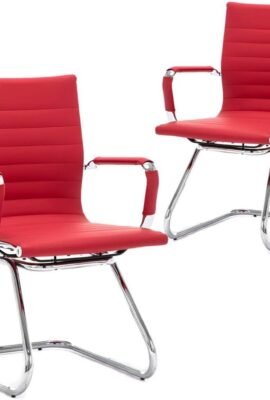 No Wheels Reception Chairs Waiting Room Chair Leather Conference Chairs Back Support Heavy Duty Office Chair with Arm, Set of 2 (Deep Red)