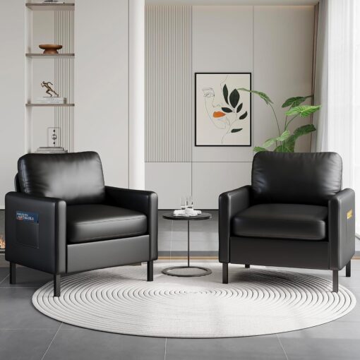 Black Faux Leather Accent Chairs Set of 2 with Arms, Waiting Room, Modern