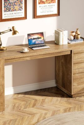 Tribesigns 55-Inch Computer Desk with 3 Drawers, Farmhouse Home Office Desk with Adjustable File Cabinet, Study Table Office Workstation, Walnut Brown